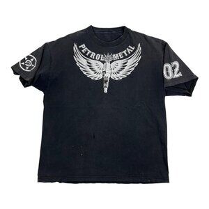 Vintage Unit Petrol and Metal T-Shirt Size XL Black Motorcycle Y2K Grunge Wings
